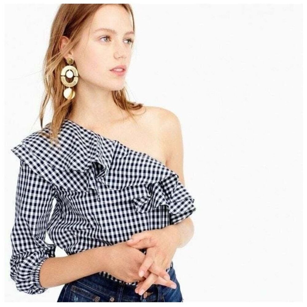 J. Crew 100% cotton one-shoulder ruffle top blue and white pattern size 2 NWT